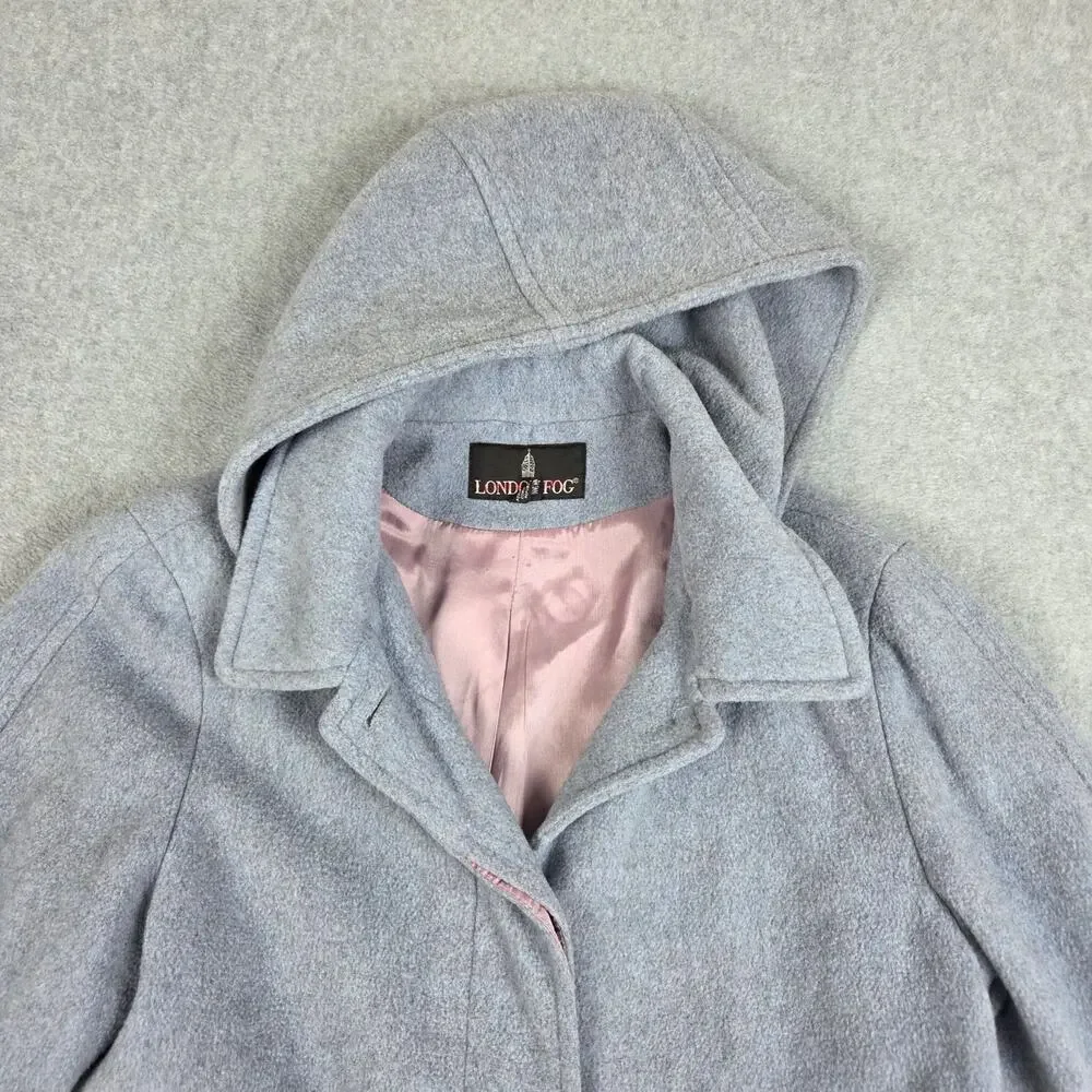 London Fog Size 10 Blue-Gray Wool Button Down Car Coat Detachable Hood